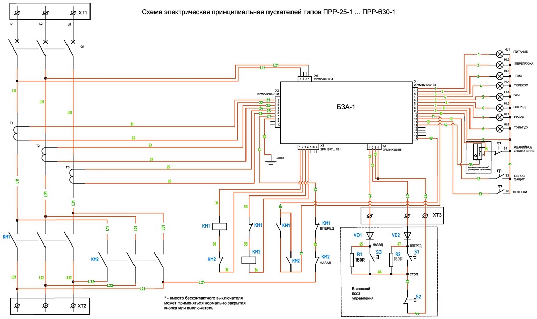 Схема электрическая принципиальная пускателей типов ПРР-25-1...ПРР-630-1